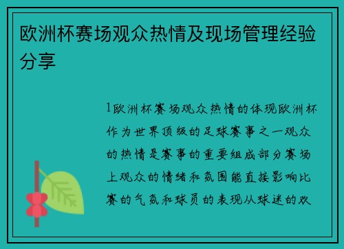 欧洲杯赛场观众热情及现场管理经验分享